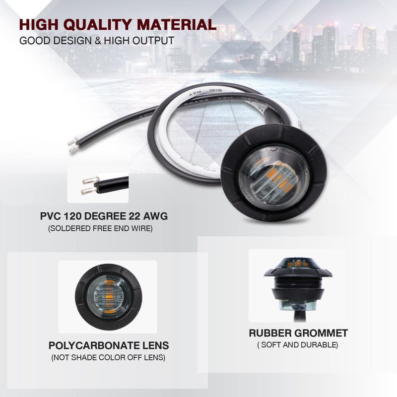 TMH 10 Pcs 3/4 Inch Smoked Lens Amber 3 LED Mini Round Miniature Side Marker Indicator Lights with Rubber suitable for Trailer Pickup Truck Car 12V DC Waterproof - Image 3